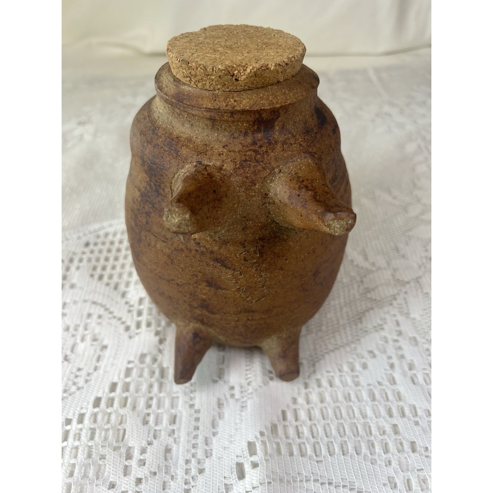 Vintage Signed Studio Pottery Piggy Bank Dorothy Beach Cork Stopper Folk Art - Picture 5 of 16